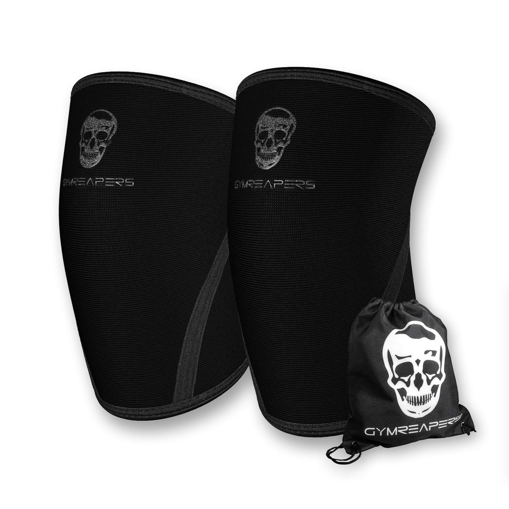 Gymreapers Knee Sleeves (1 Pair) With Gym Bag - IPF Approved - Knee Compression Sleeve Support for Squats Weightlifting and Powerlifting 7MM Neoprene Sleeves - 1 Year Warranty (Black/Black Medium)