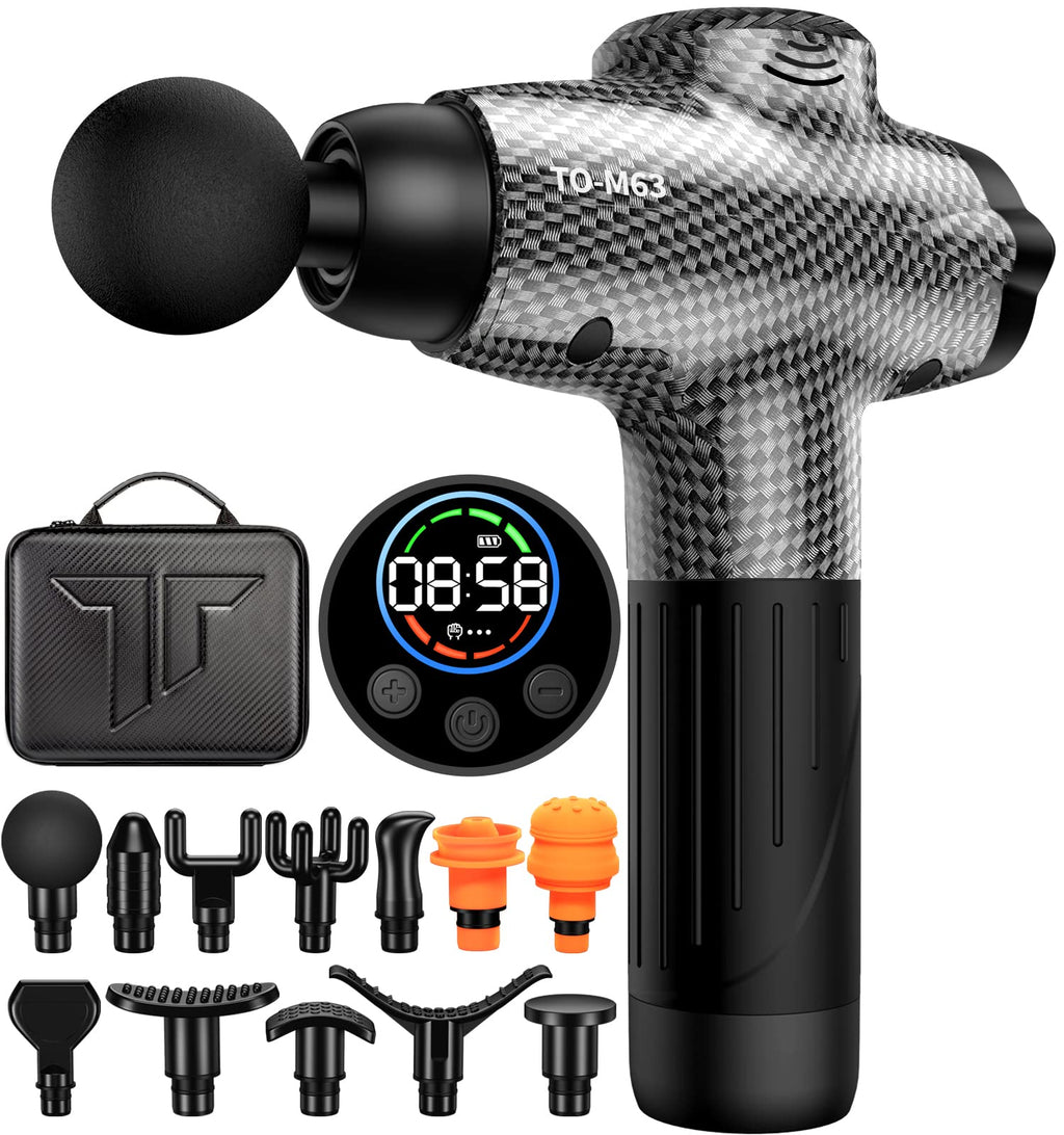 TOLOCO Massage Gun Muscle Massage Gun Deep Tissue Percussion Massage Gun with 12 Replacement Heads Super Quiet Portable Electric Massager for Athletes Treatment Relax Carbon