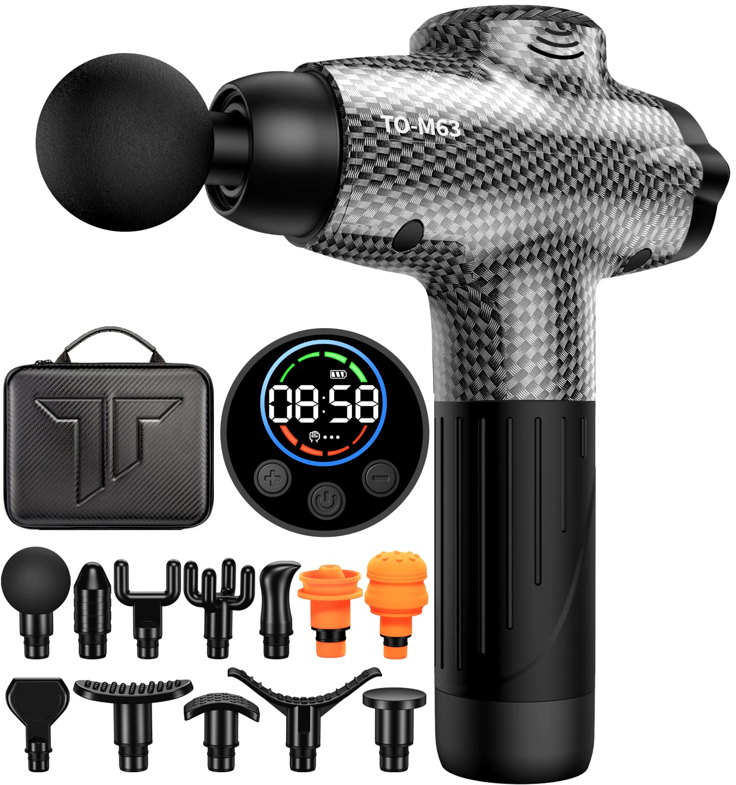 TOLOCO Massage Gun Muscle Massage Gun Deep Tissue Percussion Massage Gun with 12 Replacement Heads Super Quiet Portable Electric Massager for Athletes Treatment Relax Carbon
